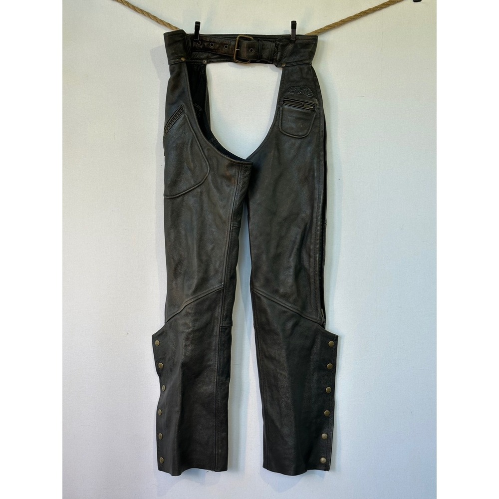 Easyriders Motorcycle Chaps Leather Belted Biker Mens Medium Black Excellent